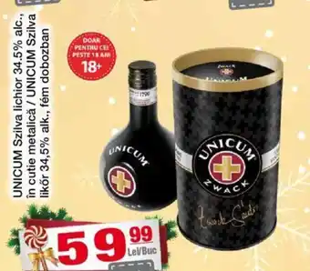 CBA UNICUM Szilva lichior 34.5% alc., în cutie metalică / UNICUM Szilva likőr 34,5% alk., fém dobozban Ofertă
