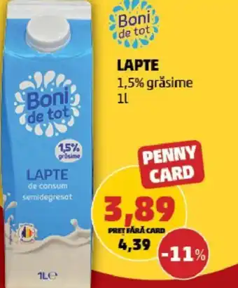 Penny LAPTE 1,5% grăsime 1L Ofertă