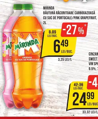 Mega Image MIRINDA BĂUTURĂ RĂCORITOARE CARBOGAZOASĂ CU SUC DE PORTOCALE/PINK GRAPEFRUIT, 2L Ofertă