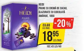 HEIDI PRUNE CU CREMĂ DE CACAO, GLAZURATE CU CIOCOLATĂ AMĂRUIE, 185G