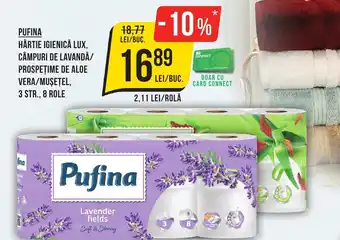 Mega Image PUFINA HÂRTIE IGIENICĂ LUX, CÂMPURI DE LAVANDĂ/ PROSPEŢIME DE ALOE VERA/MUSEȚEL, 3 STR., 8 ROLE Ofertă