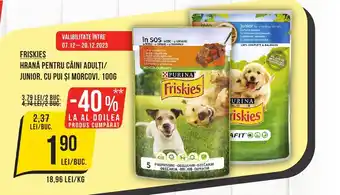 Mega Image FRISKIES HRANĂ PENTRU CÂINI ADULȚI/ JUNIOR, CU PUI ȘI MORCOVI, 100G Ofertă