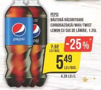 Mega Image PEPSI BĂUTURĂ RĂCORITOARE CARBOGAZOASA/MAX/TWIST LEMON CU SUC DE LĂMÂIE, 1.25L Ofertă