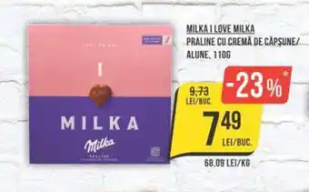 Mega Image MILKA I LOVE MILKA PRALINE CU CREMĂ DE CĂPSUNE/ ALUNE, 110G Ofertă