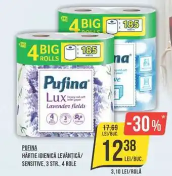 PUFINA HÂRTIE IGIENICĂ LEVÂNTICA/ SENSITIVE, 3 STR., 4 ROLE