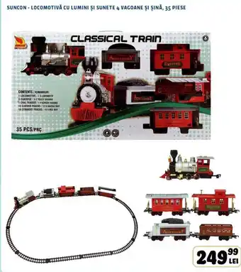 SUNCON - LOCOMOTIVĂ CU LUMINI ȘI SUNETE 4 VAGOANE ȘI ȘINĂ, 35 PIESE
