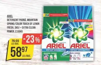 Mega Image ARIEL DETERGENT PUDRĂ, MOUNTAIN SPRING/COLOR TOUCH OF LENOR FRESH, 3KG/+EXTRA CLEAN POWER, 2.55KG Ofertă