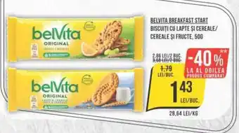Mega Image BELVITA BREAKFAST START BISCUITI CU LAPTE ȘI CEREALE/ CEREALE ȘI FRUCTE, 50G Ofertă
