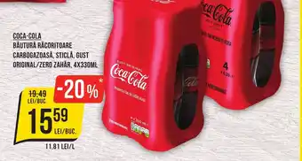 Mega Image COCA-COLA BĂUTURĂ RĂCORITOARE CARBOGAZOASĂ, STICLĂ, GUST ORIGINAL/ZERO ZAHĂR, 4X330ML Ofertă