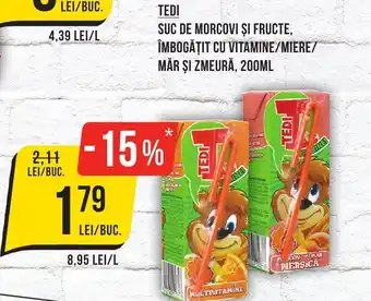 Mega Image TEDI SUC DE MORCOVI ŞI FRUCTE, ÎMBOGĂŢIT CU VITAMINE/MIERE/ MĂR ŞI ZMEURĂ, 200ML Ofertă
