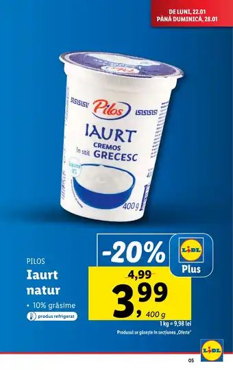 Lidl PILOS Iaurt natur Ofertă