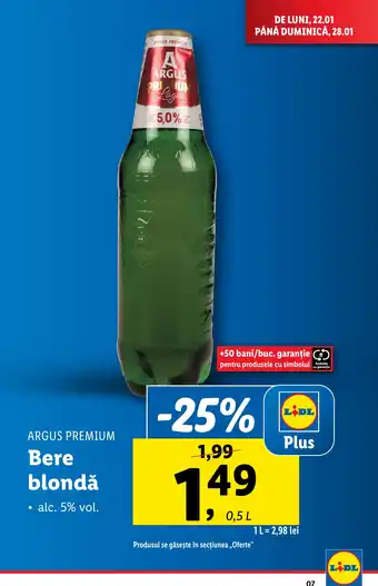 Lidl ARGUS PREMIUM Bere blondă Ofertă