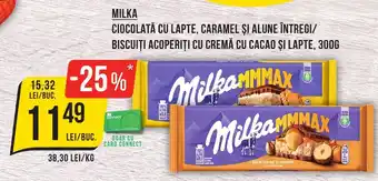 Mega Image MILKA CIOCOLATĂ CU LAPTE, CARAMEL ȘI ALUNE ÎNTREGI/ BISCUIȚI ACOPERIȚI CU CREMĂ CU CACAO ȘI LAPTE, 300G Ofertă