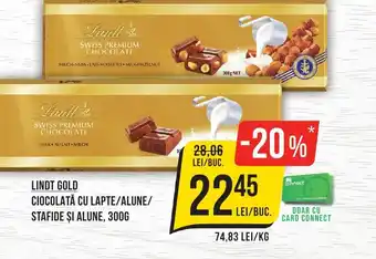 Mega Image LINDT GOLD CIOCOLATĂ CU LAPTE/ALUNE/ STAFIDE ȘI ALUNE, 300G Ofertă