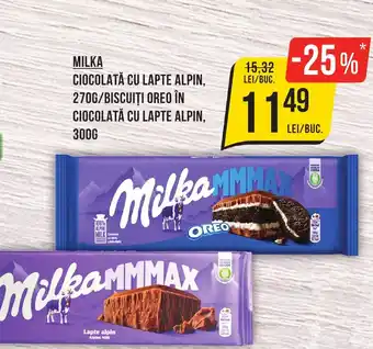 Mega Image MILKA CIOCOLATĂ CU LAPTE ALPIN, 270G/BISCUIȚI OREO ÎN CIOCOLATĂ CU LAPTE ALPIN, 300G Ofertă