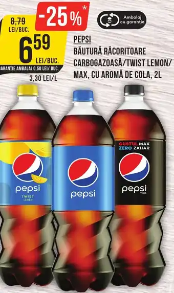 Mega Image PEPSI BĂUTURĂ RĂCORITOARE CARBOGAZOASĂ/TWIST LEMON/ MAX, CU AROMĂ DE COLA, 2L Ofertă
