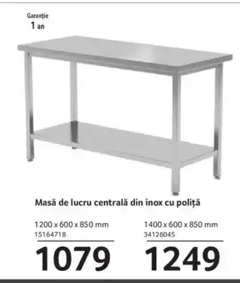 Selgros Masă de lucru centrală din inox cu poliţă Ofertă