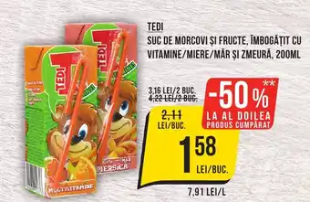 Mega Image TEDI SUC DE MORCOVI ȘI FRUCTE, ÎMBOGĂŢIT CU VITAMINE/MIERE/MĂR ŞI ZMEURĂ, 200ML Ofertă