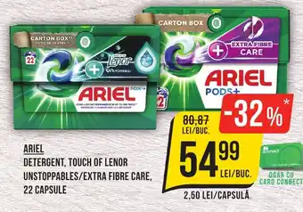 Mega Image ARIEL DETERGENT, TOUCH OF LENOR UNSTOPPABLES/EXTRA FIBRE CARE, 22 CAPSULE Ofertă