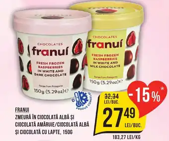 Mega Image FRANUI ZMEURĂ ÎN CIOCOLATĂ ALBĂ ŞI CIOCOLATĂ AMĂRUIE/CIOCOLATĂ ALBĂ ȘI CIOCOLATĂ CU LAPTE, 150G Ofertă