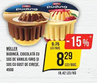 Mega Image MÜLLER BUDINCĂ, CIOCOLATĂ CU SOS DE VANILIE/GRIŞ ŞI SOS CU GUST DE CIREŞE, 450G Ofertă