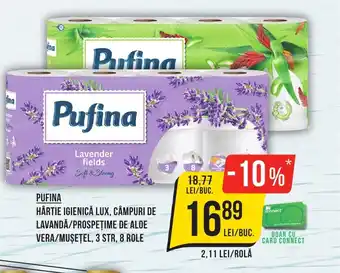 PUFINA HÂRTIE IGIENICĂ LUX, CÂMPURI DE LAVANDĂ/PROSPEŢIME DE ALOE VERA/MUSEȚEL, 3 STR, 8 ROLE