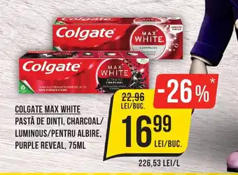 COLGATE MAX WHITE PASTĂ DE DINŢI, CHARCOAL/ LUMINOUS/PENTRU ALBIRE, PURPLE REVEAL, 75ML