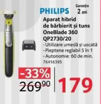 Selgros PHILIPS Aparat hibrid de bărbierit şi tuns OneBlade 360 QP2730/20 Ofertă