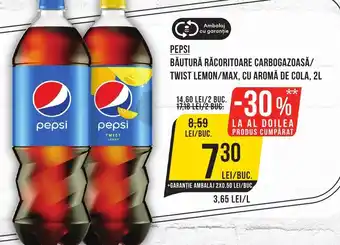 PEPSI BĂUTURĂ RĂCORITOARE CARBOGAZOASĂ/ TWIST LEMON/MAX, CU AROMĂ DE COLA, 2L