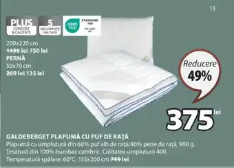 JYSK GALDEBERGET PLAPUMĂ CU PUF DE RAȚĂ Ofertă