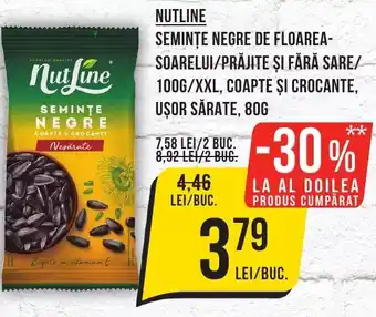 Mega Image NUTLINE SEMINȚE NEGRE DE FLOAREA-SOARELUI/PRĂJITE ŞI FĂRĂ SARE/ 100G/XXL, COAPTE ȘI CROCANTE, UŞOR SĂRATE, 80G Ofertă