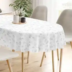 Goldea față de masă teflonată - fulgi argintii pe alb - ovală 120 x 160 cm