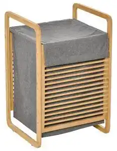 Favi HOMCOM HOMCOM Cos de Rufe cu Sac Detasabil, Mobilier Baie Stil Nordic din Bambus si Panza , 40x35.5x60.5cm, Lemn si Gri Ofertă