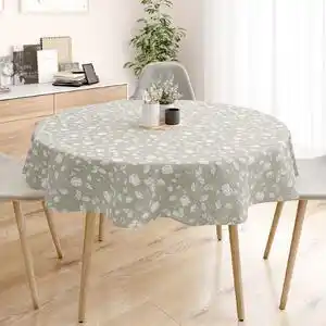 Goldea față de masă decorativă loneta - trandafiri albi pe bej natural - rotundă Ø 140 cm