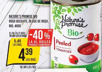 Mega Image NATURE'S PROMISE BIO ROȘII DECOJITE, ÎN SUC DE ROȘII, BIO, 400G Ofertă