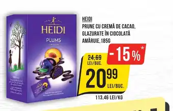 HEIDI PRUNE CU CREMĂ DE CACAO, GLAZURATE ÎN CIOCOLATĂ AMĂRUIE, 185G