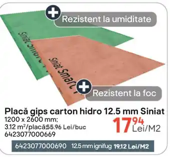 Placă gips carton hidro 12.5 mm Siniat