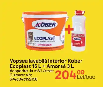 Brico Depôt Vopsea lavabilă interior Kober Ecoplast 15 L + Amorsă 3 L Ofertă