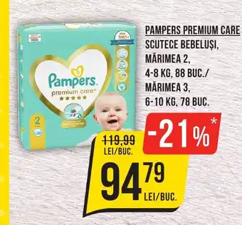 Mega Image PAMPERS PREMIUM CARE SCUTECE BEBELUȘI, MĂRIMEA 2, MĂRIMEA 3, 6-10 KG, 78 BUC. Ofertă