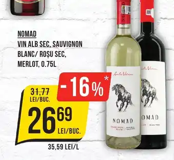 Mega Image NOMAD VIN ALB SEC, SAUVIGNON BLANC/ ROŞU SEC, MERLOT, 0.75L Ofertă