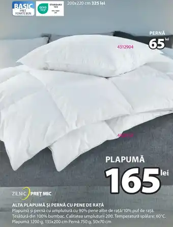 JYSK ALTA PLAPUMĂ ŞI PERNĂ CU PENE DE RAȚĂ Ofertă