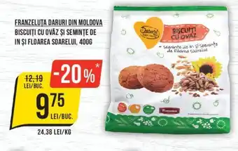 Mega Image FRANZELUTA DARURI DIN MOLDOVA BISCUIȚI CU OVĂZ ŞI SEMINŢE DE IN ȘI FLOAREA SOARELUI, 400G Ofertă
