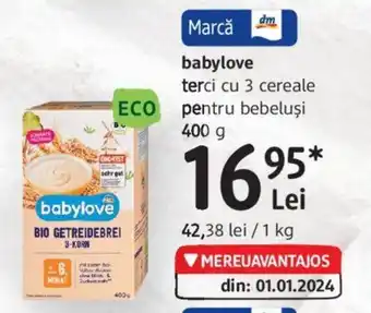 DM Babylove terci cu 3 cereale pentru bebeluşi 400 g Ofertă