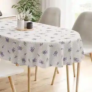 Goldea față de masă 100% bumbac - lavandă și buline pe culoare naturală - ovală 140 x 200 cm