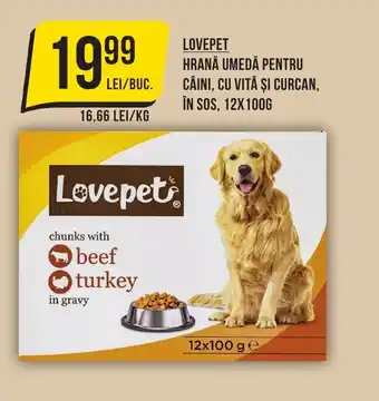 Mega Image LOVEPET HRANĂ UMEDĂ PENTRU CÂINI, CU VITĂ ŞI CURCAN, ÎN SOS, 12X100G Ofertă