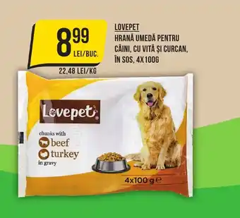Mega Image LOVEPET HRANĂ UMEDĂ PENTRU CÂINI, CU VITĂ ȘI CURCAN, ÎN SOS, 4X100G Ofertă