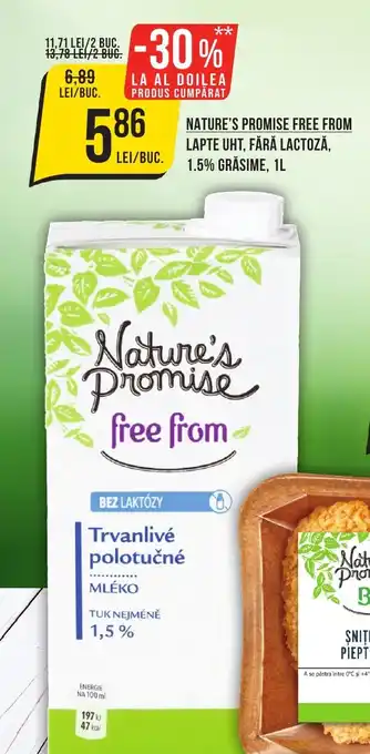 Mega Image NATURE'S PROMISE FREE FROM LAPTE UHT, FĂRĂ LACTOZĂ, 1.5% GRĂSIME, 1L Ofertă