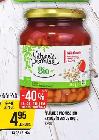 Mega Image NATURE'S PROMISE BIO FASOLE ÎN SOS DE ROŞII, 360G Ofertă