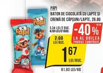 PAPI BATON DE CIOCOLATĂ CU LAPTE ŞI CREMĂ DE CĂPŞUNI/LAPTE, 26.8G