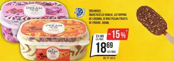 Mega Image DREAM&CO ÎNGHEȚATĂ CU VANILIE, CU TOPPING DE CARAMEL ŞI NUCI PECAN/FRUCTE DE PĂDURE, 900ML Ofertă